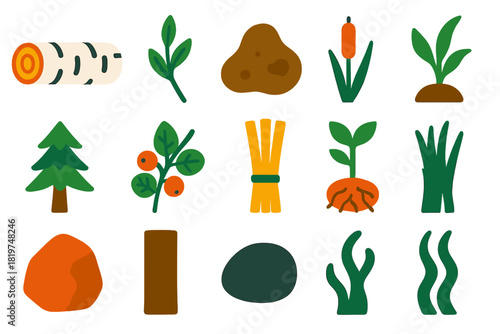Beaver Construction Icons. Flat vector icons of Beaver Construction Materials: birch log, willow branch, mud clump, cattail stalk,