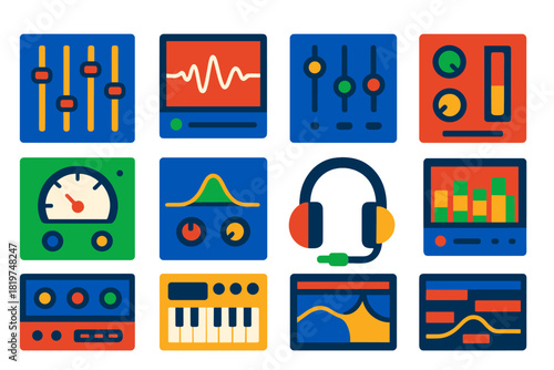 Digital Sound Icons. Flat vector icons of digital sound processing: equalizer sliders, waveform display, reverb plugin, noise gate