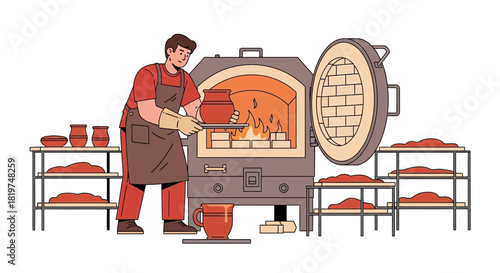 Artisan creating pottery in a studio environment with a kiln and shelving