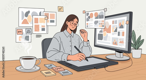 Creative designer working on a digital artwork project at a modern workspace