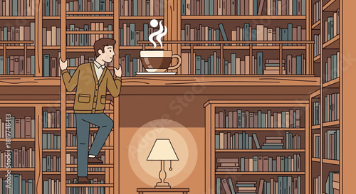 Man climbs library ladder towards a giant steaming coffee cup illustration
