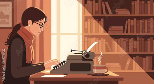 Creative professional at work writing on typewriter near bookshelf illustration