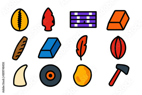 Flat Money Icons. Flat vector icons of historical money: cowrie shell, obsidian blade, wampum belt, copper ingot, tally stick,