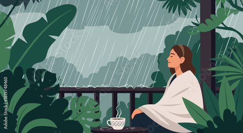 Rainy day serenity: Woman relaxing with tea in lush tropical environment