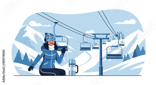 Winter adventure scene with skier resting near a ski lift, enjoying the snowy mountain view