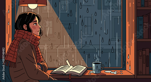 Animated girl with book near window enjoying a rainy day with a warm beverage
