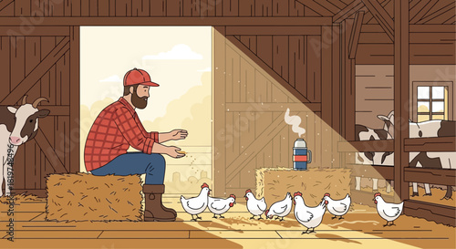 Illustration of a farmer feeding chickens inside barn alongside cows in stable