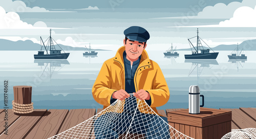Dedicated fisherman mending his net on the dock with boats and sea scenery