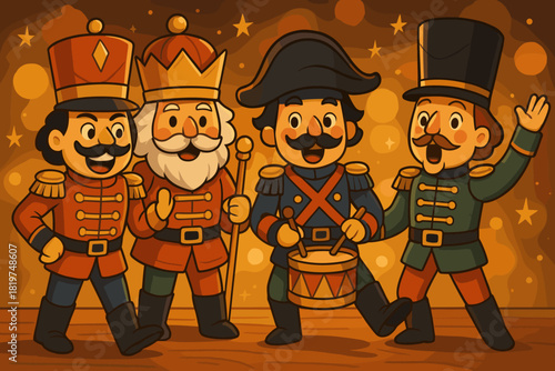 Festive Nutcracker Display. Playful group of wooden nutcracker figurines vector illustration arranged on a festive table,