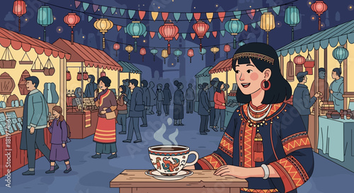 Vibrant night market illustration with traditional attire and steaming beverage