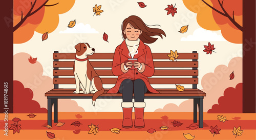 Serene autumn scene with a woman enjoying coffee and her dog on a park bench