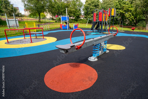Children's playground at Durrockstock Park - Local Nature Reserve. Scotland, UK. Children and families can now enjoy the area at Park, which has a host of accessible and inclusive facilities. 