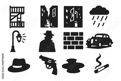 Noir City Icons. Solid style icons of Noir Cityscape: Fire Escape, Alleyway, Neon Reflection, Rain, Streetlamp, Shadowed Figure,