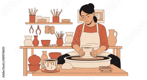 Serene ceramicist shaping clay on a pottery wheel in her cozy studio