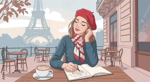 Parisian muse sketching at a cafe with the Eiffel Tower in the background