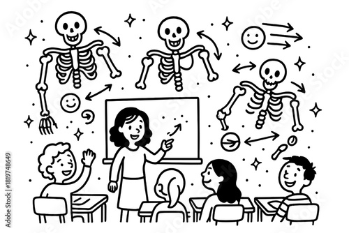 Biomechanics Classroom Whimsy. Whimsical doodle biomechanics classroom with happy students, cartoon shoulder skeletons floating,