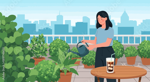Rooftop Gardening Serenity: A Woman Waters Her Plants with Refreshment Nearby