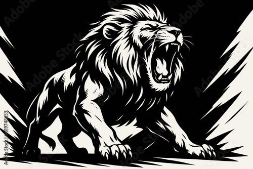 Roaring Lion Art. Artistic black-and-white image of a lion roaring in vector illustration a dramatic pose, sharp contrasts, bold