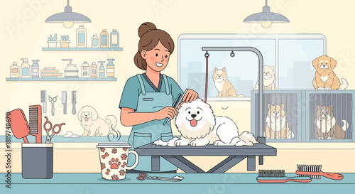 A cheerful groomer styling a fluffy white dog at a brightly lit pet salon