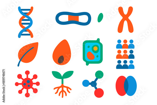 Ecological Genetics Icons. Flat vector icons of ecological genetics concepts: DNA helix, gene, chromosome, leaf, seed, plant cell,