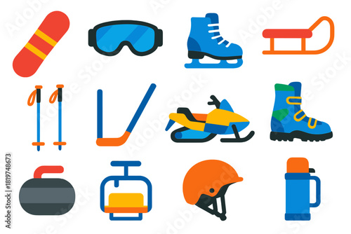 Winter Sports Icons. Flat vector icons of Winter Sports: snowboard, ski goggles, ice skates, sled, ski poles, hockey stick,