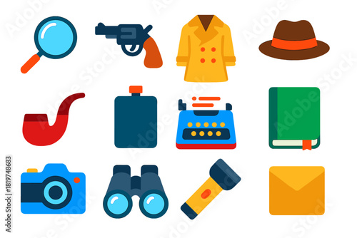 Classic Detective Icons. Flat vector icons of Classic Detective Gear: magnifying glass, revolver, trench coat, fedora, pipe, flask