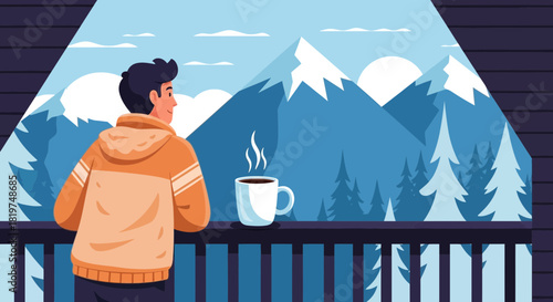 Man contemplating mountain vista with coffee cup, illustrating a peaceful escape