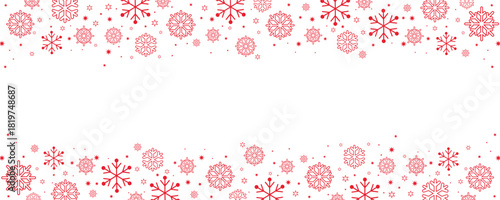 "Horizontal border design featuring a seamless pattern of red snowflakes and stars on a clean white background. This festive header or footer offers copy space in the center, perfect for winter and Ch