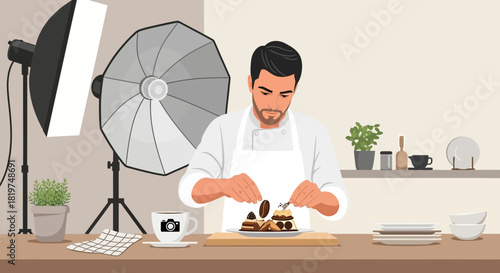 Behind the scenes: A food photographer styling a dessert for a photoshoot