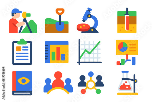 Geoarchaeology Research Icons. Flat vector icons of geoarchaeology research workflow: site survey, soil sampling, lab analysis,