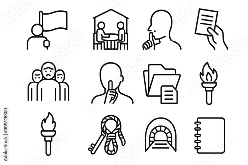 Activist Movement Icons. Line style icons of Activist Movement: Concealed Flag, Secret Conference, Leaflet, Oppressed Citizens;