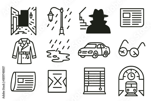Urban Mystery Icons. Line style icons of urban mystery: dark alley, lamppost, shadowy figure, staircase; raincoat, wet pavement,