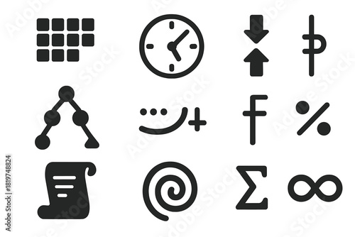 Number Theory Icons. Solid style icons of number theory: integer grid, modular clock, divisibility arrows, factor tree, infinite