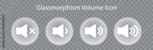 Glassmorphism volume icon set, featuring mute, low, medium, and high volume speaker symbols in transparent circles.