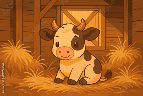 Cow in Rustic Barn. Adorable cow in a vector illustration wooden barn surrounded by rustic hay, warm golden tones, charming and