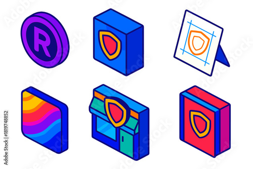 Brand Identity Essentials. Isometric vector illustration set Brand Identity Safeguard: registered ® symbol, product packaging,