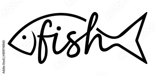 A stylized black and white image of a fish with the word fish forming the body of the animal