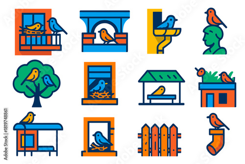 City Bird Habitat Icons. Flat vector icons of City Bird Habitats: balcony nest, bridge ledge perch, building gutter roost, park
