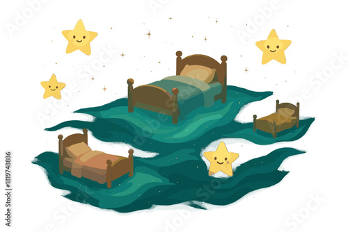 Floating Bed Boats. Dream journey with floating boats shaped like beds, cheerful stars guiding, and glowing waves of calm No text,