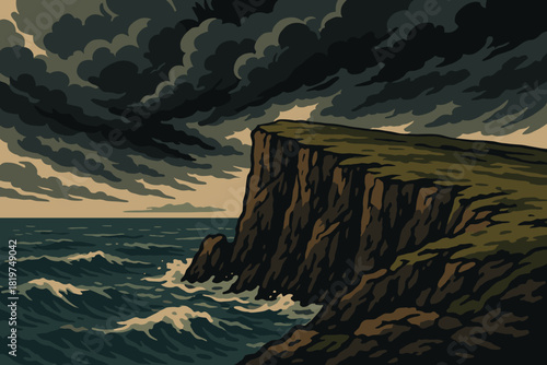 Dramatic Ocean Cliffs. Scenic ocean cliff under dramatic storm clouds, rugged and powerful vector illustration natural tones,