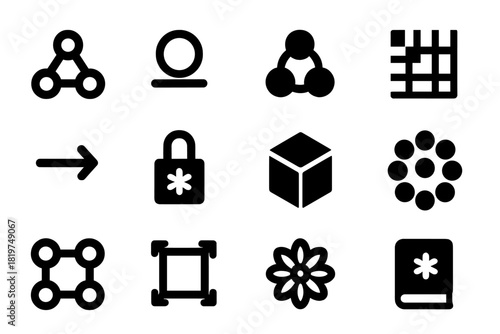 Abstract Algebra Icons. Solid style icons of abstract algebra in number theory: group symbol, ring structure, field diagram,