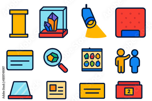 Museum Mineralogy Icons. Flat vector icons of Museum Mineralogy: display pedestal, crystal case, museum spotlight, labeled card,