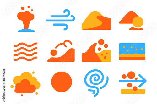 Dust Transport Icons. Flat vector icons of dust transport and deposition: dust plume, wind arrow, sand dune, deposition mound,
