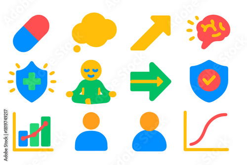 Placebo Effect Icons. Flat vector icons of placebo effects on immunity: pill icon, thought bubble, expectation arrow, brain signal
