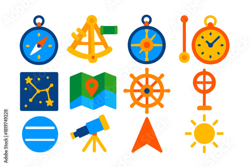 Navigation Tools Icons. Flat vector icons of quest for accuracy in navigation: compass, sextant, astrolabe, chronometer, star