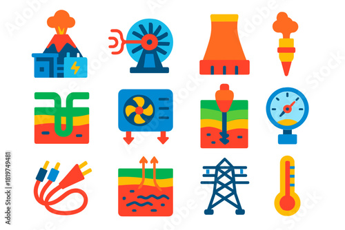 Geothermal Energy Icons. Flat vector icons of geothermal energy from volcanoes: geothermal plant, steam turbine, cooling tower,