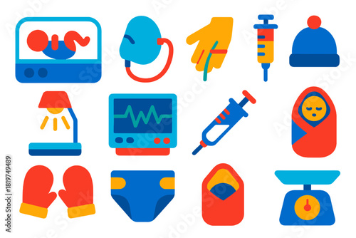 Premature Baby Care Icons. Flat vector icons of Premature Baby Care: incubator chamber, oxygen mask, tiny hand with tube, IV drip,