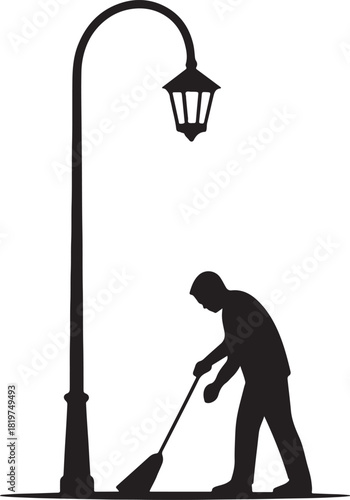 Man sweeping street under a classic lamppost, street cleaning worker job. Vector