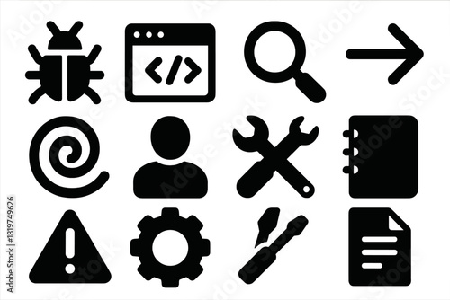Debugging Icons Collection. Solid style icons of software debugging and troubleshooting: bug icon, code window, magnifying glass,
