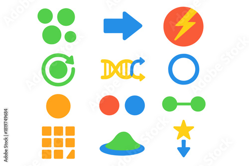 Metapopulation Dynamics Icons. Flat vector icons of metapopulation dynamics: habitat patch cluster, species dispersal arrow,